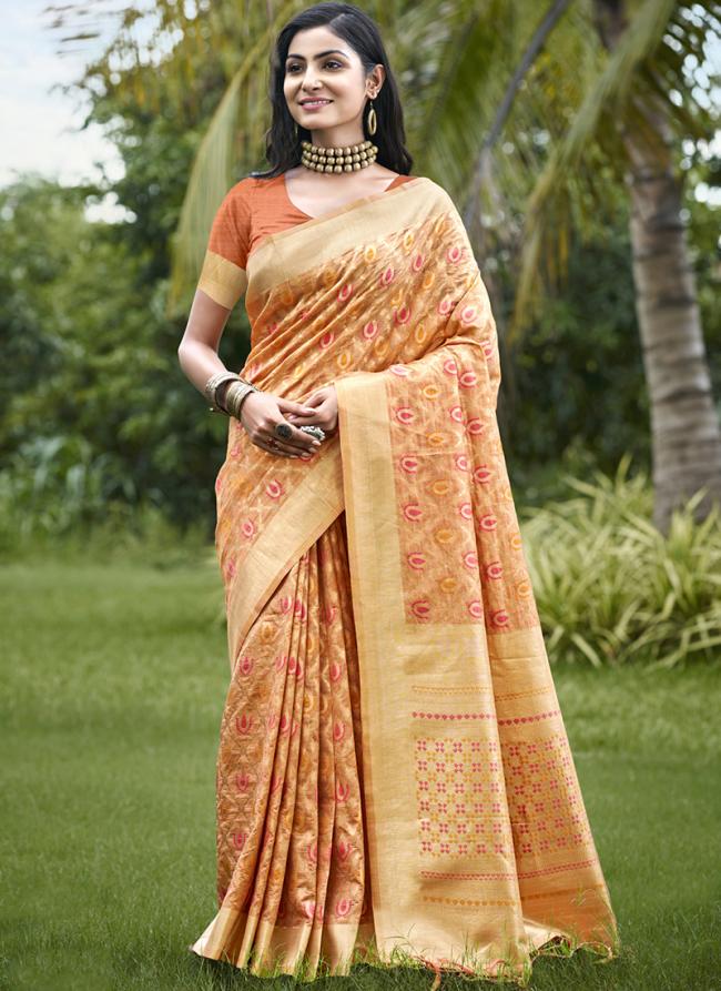 Organza Peach Traditional Wear Printed Saree